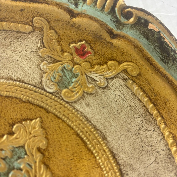 Vintage-50s Italian Mediterranean Florentine Hand-painted gold-round tray-11” - Picture 12 of 15